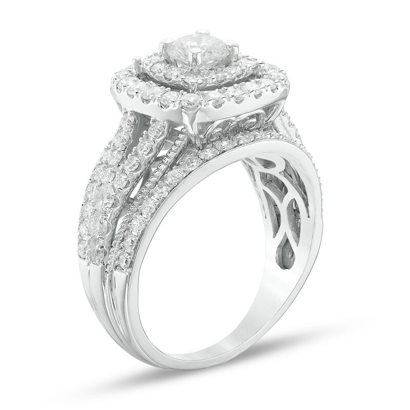 Previously Owned - 2 CT. T.W. Composite Diamond Frame Multi-Row Vintage-Style Engagement Ring in 14K White Gold