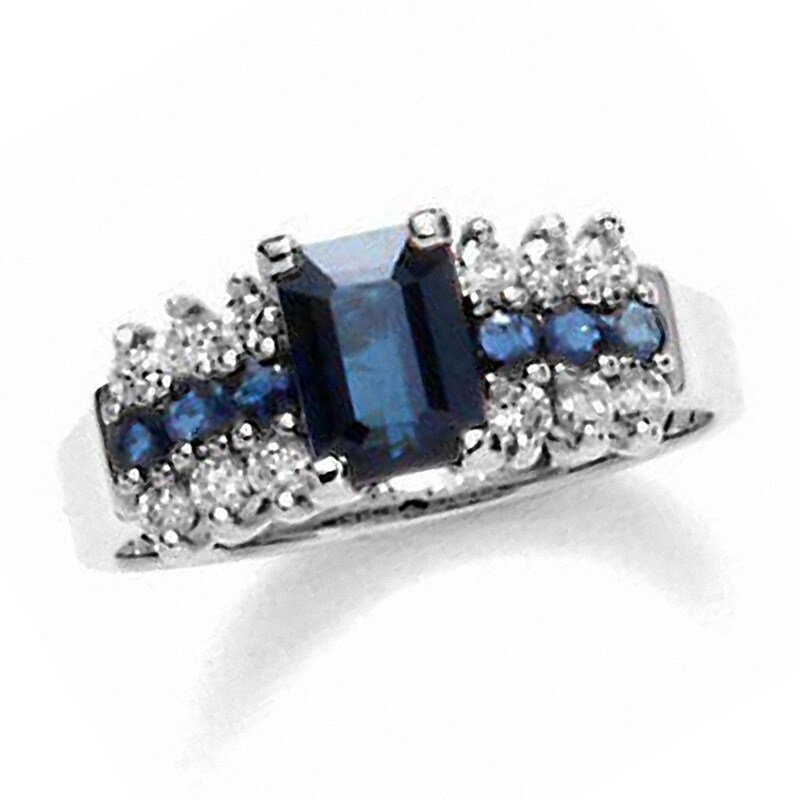 Main Image 1 of Previously Owned - Rectangular Blue Sapphire and 1/4 CT. T.W. Diamond Ring in 10K White Gold