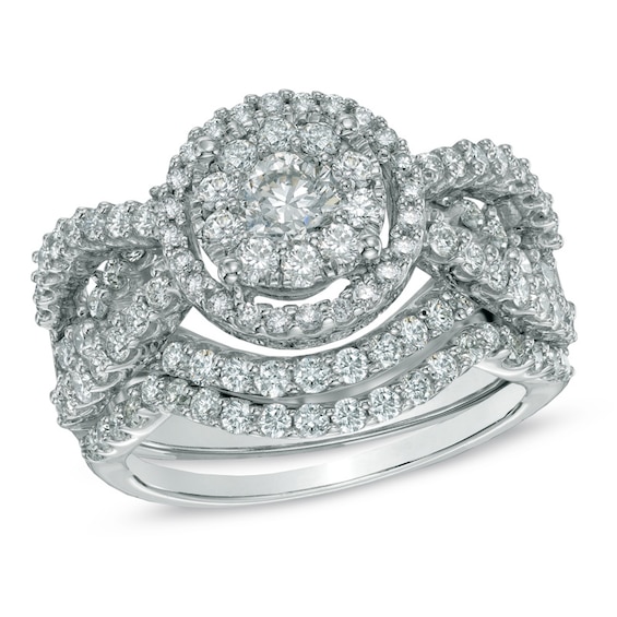 Previously Owned - 2 CT. T.w. Diamond Cluster Bridal Set in 14K White Gold