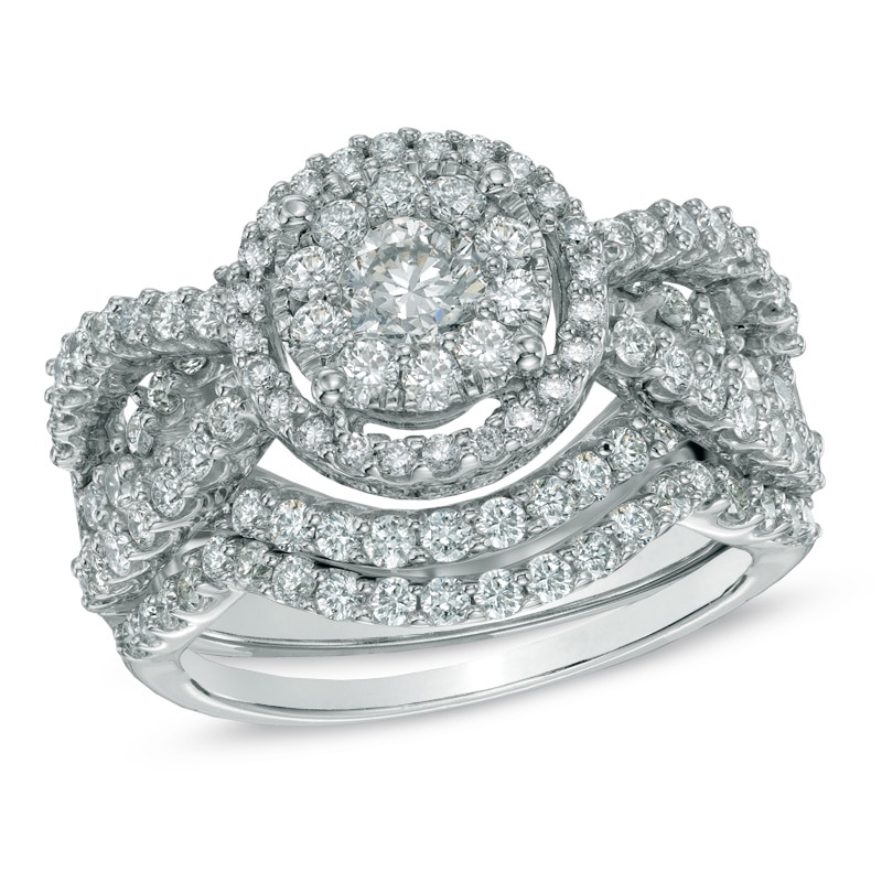 Main Image 1 of Previously Owned - 2 CT. T.W. Diamond Cluster Bridal Set in 14K White Gold