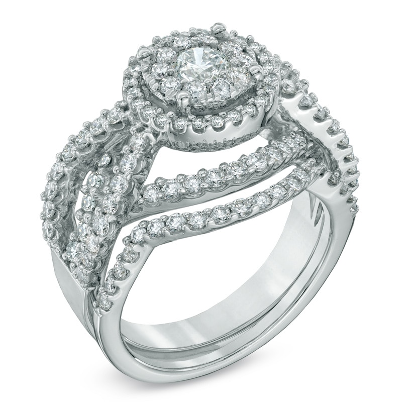 Main Image 2 of Previously Owned - 2 CT. T.W. Diamond Cluster Bridal Set in 14K White Gold