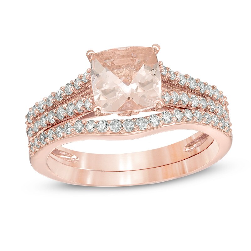 Main Image 1 of Previously Owned - 7.0mm Cushion-Cut Morganite and 1/2 CT. T.W. Diamond Bridal Set in 14K Rose Gold