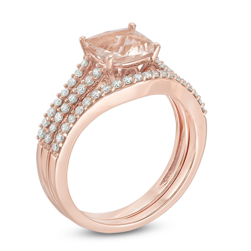 Main Image 2 of Previously Owned - 7.0mm Cushion-Cut Morganite and 1/2 CT. T.W. Diamond Bridal Set in 14K Rose Gold