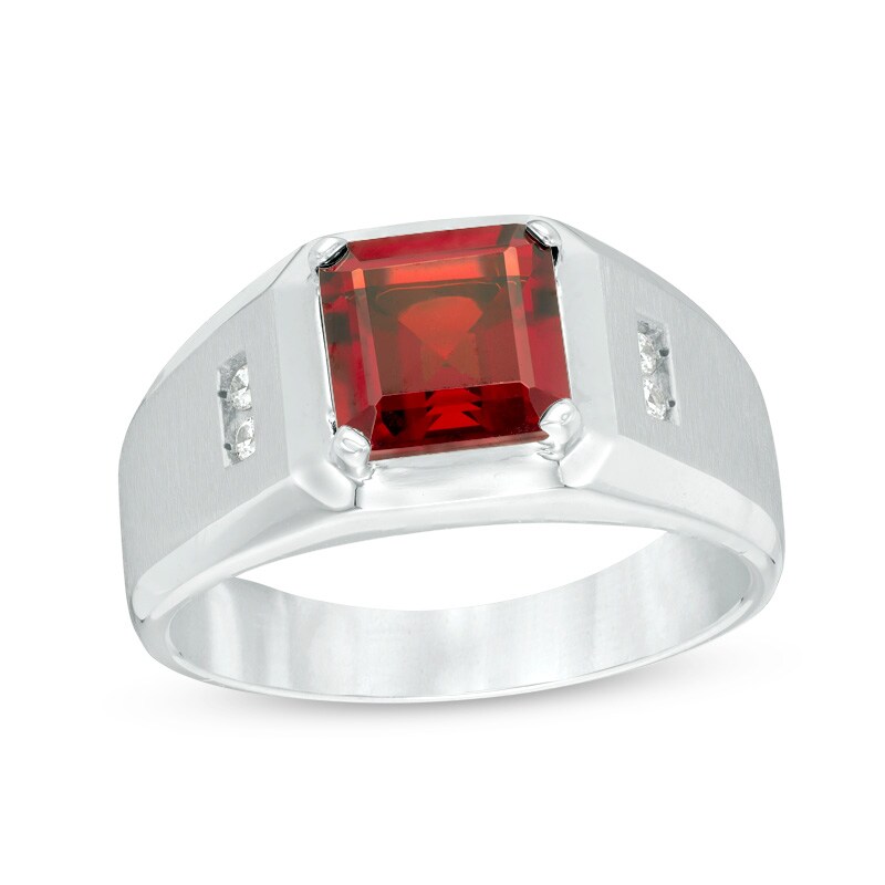 Main Image 1 of Previously Owned - Emerald-Cut Garnet and 1/15 CT. T.W. Diamond Ring in Sterling Silver