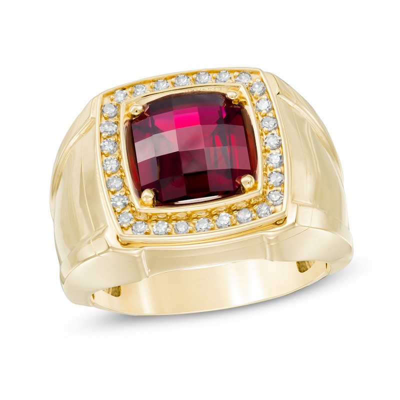 Main Image 1 of Previously Owned - 9.0mm Cushion-Cut Lab-Created Garnet and 1/4 CT. T.W. Diamond Comfort Fit Ring in 10K Gold