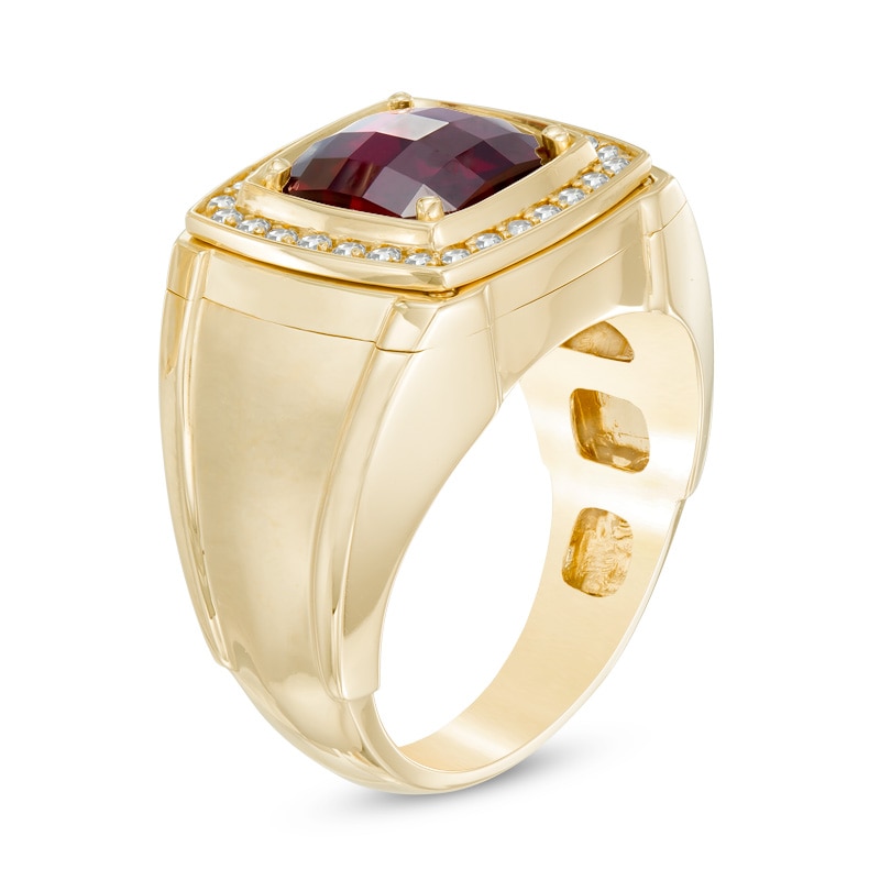 Main Image 2 of Previously Owned - 9.0mm Cushion-Cut Lab-Created Garnet and 1/4 CT. T.W. Diamond Comfort Fit Ring in 10K Gold