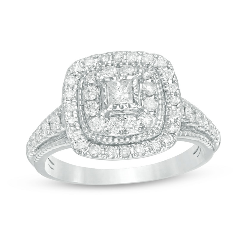 Main Image 1 of Previously Owned - 3/4 CT. T.W. Princess-Cut Diamond Double Frame Vintage-Style Engagement Ring in 14K White Gold