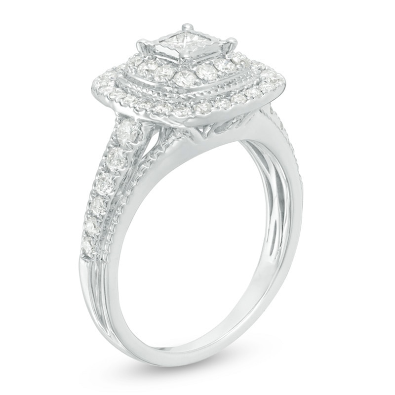 Main Image 2 of Previously Owned - 3/4 CT. T.W. Princess-Cut Diamond Double Frame Vintage-Style Engagement Ring in 14K White Gold