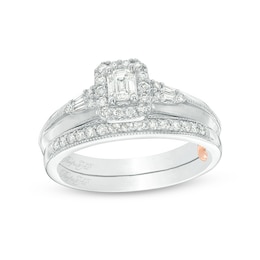 Previously Owned - Perfect Fit 1/2 CT. T.W. Emerald-Cut Diamond Frame Vintage-Style Interlocking Bridal Set in 10K White Gold