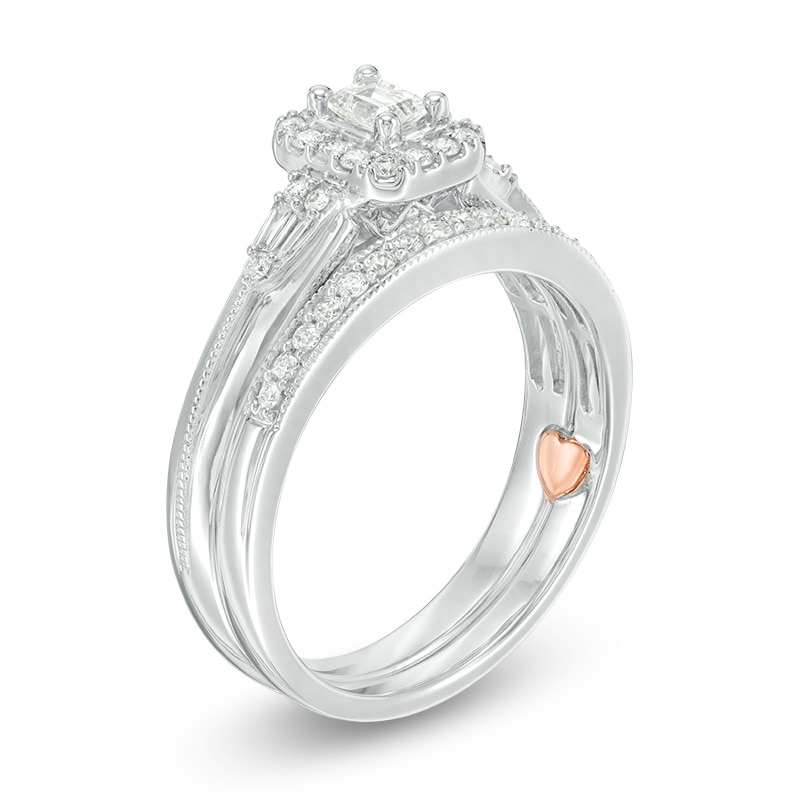 Main Image 2 of Previously Owned - Perfect Fit 1/2 CT. T.W. Emerald-Cut Diamond Frame Vintage-Style Interlocking Bridal Set in 10K White Gold