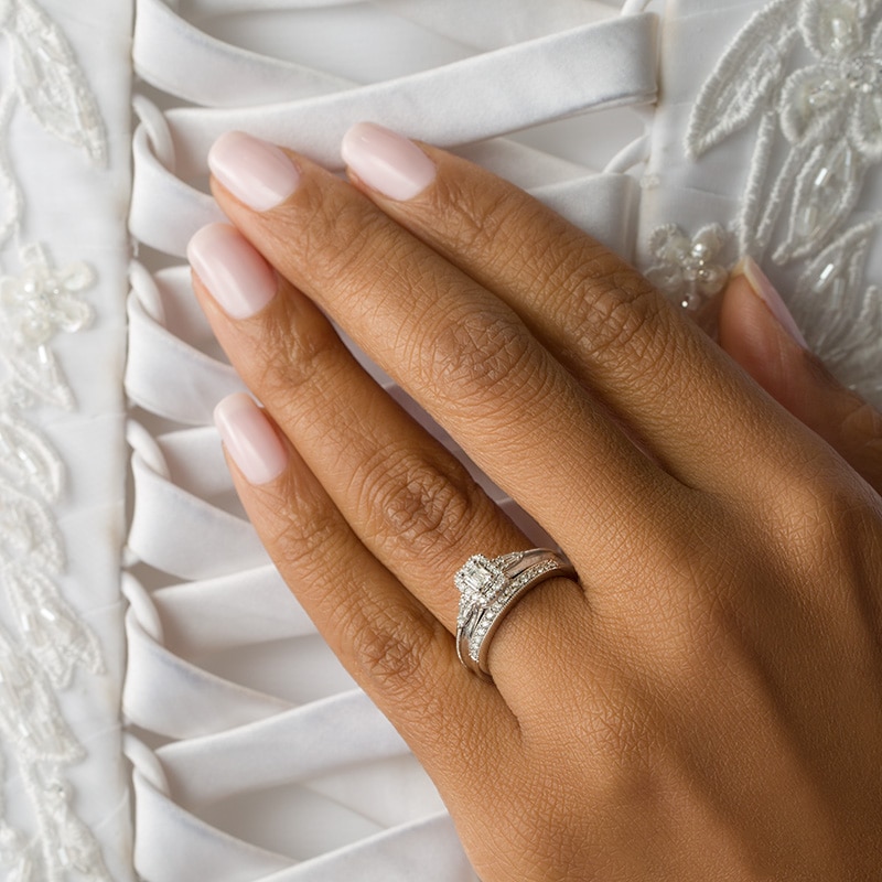 Main Image 3 of Previously Owned - Perfect Fit 1/2 CT. T.W. Emerald-Cut Diamond Frame Vintage-Style Interlocking Bridal Set in 10K White Gold
