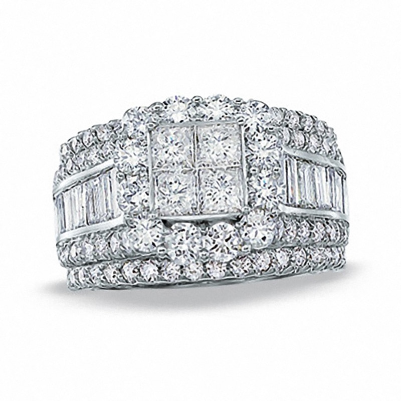 Main Image 1 of Previously Owned - 4 CT. T.W. Composite Princess-Cut Diamond Three Piece Bridal Set in 14K White Gold