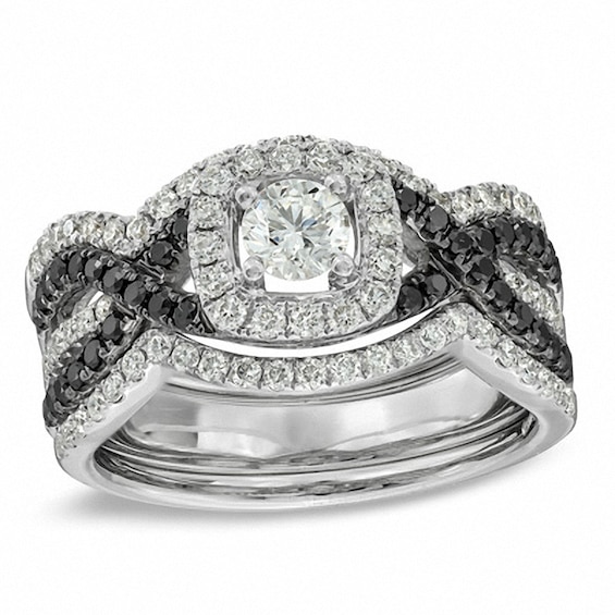 Previously Owned - 1-1/6 CT. T.w. Enhanced Black and White Diamond Bridal Set in 14K White Gold