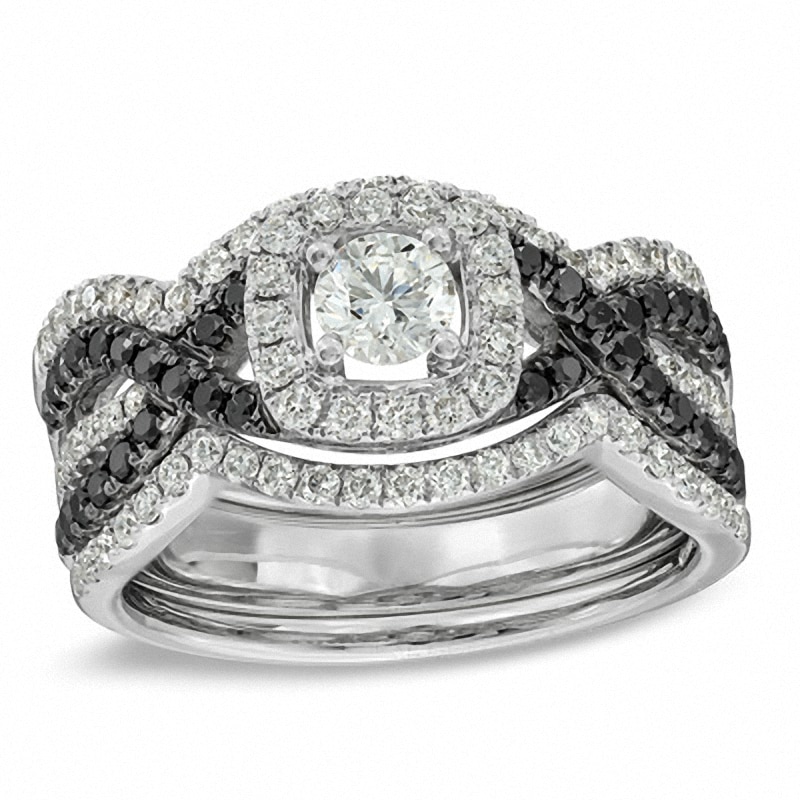 Main Image 1 of Previously Owned - 1-1/6 CT. T.W. Enhanced Black and White Diamond Bridal Set in 14K White Gold