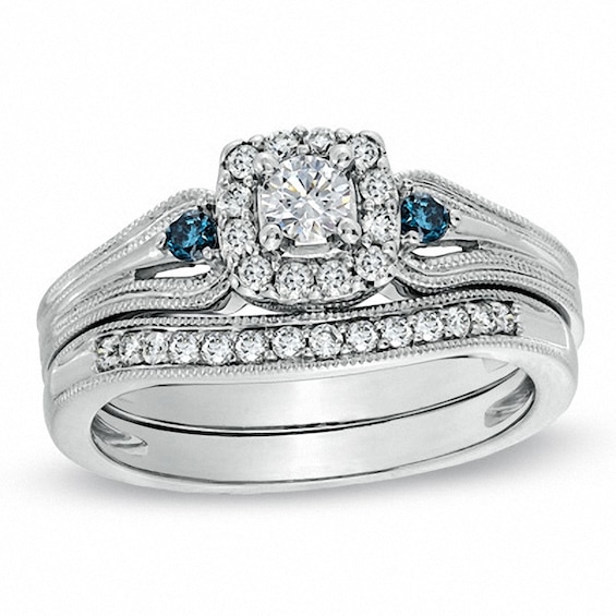 Previously Owned 1/2 CT. T.w. Blue and White Diamond Vintage-Style Frame Bridal Set in 10K White Gold