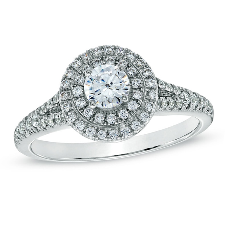Main Image 1 of Previously Owned - Celebration Grand® 3/4 CT. T.W. Diamond Double Frame Engagement Ring in 14K White Gold (H-I/I1)