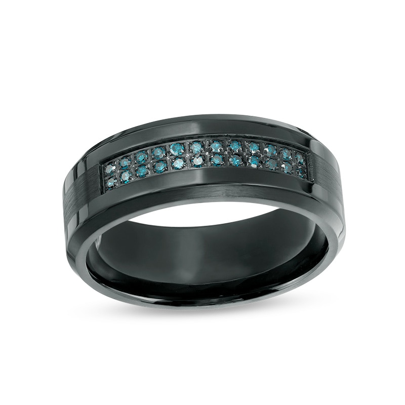 Main Image 1 of Previously Owned - 1/6 CT. T.W. Enhanced Blue Diamond Comfort-Fit Wedding Band in Black IP Stainless Steel