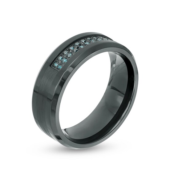 Previously Owned - 1/6 CT. T.w. Enhanced Blue Diamond Comfort-Fit Wedding Band in Black IP Stainless Steel