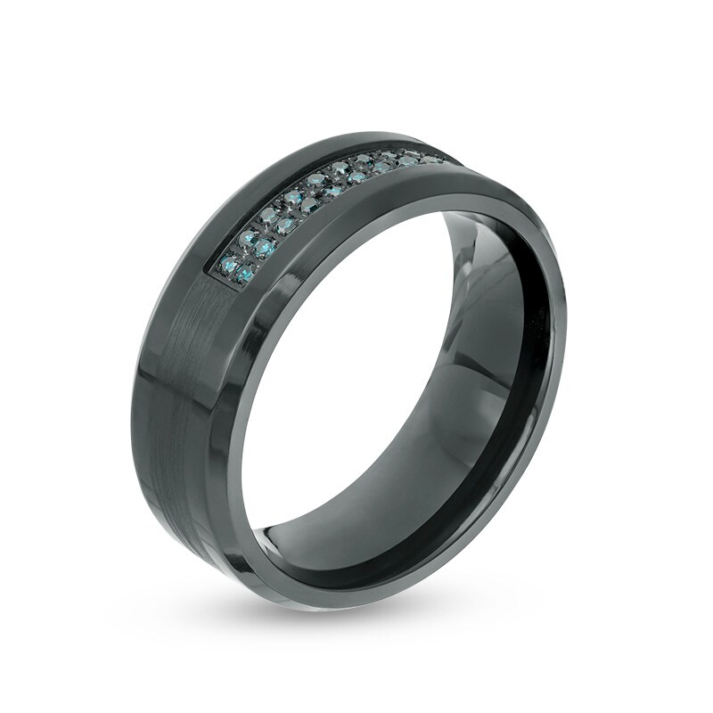 Main Image 2 of Previously Owned - 1/6 CT. T.W. Enhanced Blue Diamond Comfort-Fit Wedding Band in Black IP Stainless Steel