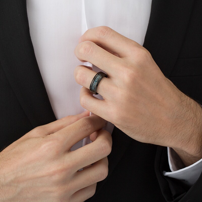 Main Image 3 of Previously Owned - 1/6 CT. T.W. Enhanced Blue Diamond Comfort-Fit Wedding Band in Black IP Stainless Steel