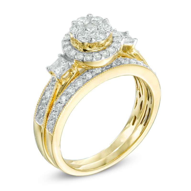 Main Image 2 of Previously Owned - 1 CT. T.W. Diamond Cluster Frame Bridal Set in 10K Gold