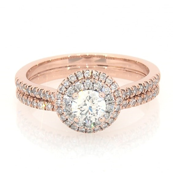Previously Owned Celebration Ideal 7/8 CT. T.w. Diamond Double Frame Soldered Bridal Set in 14K Rose Gold (I/I1)