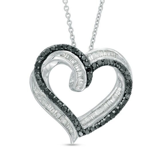 Previously Owned - 1/2 CT. T.w. Enhanced Black and White Diamond Tilted Layered Ribbon Heart Pendant
