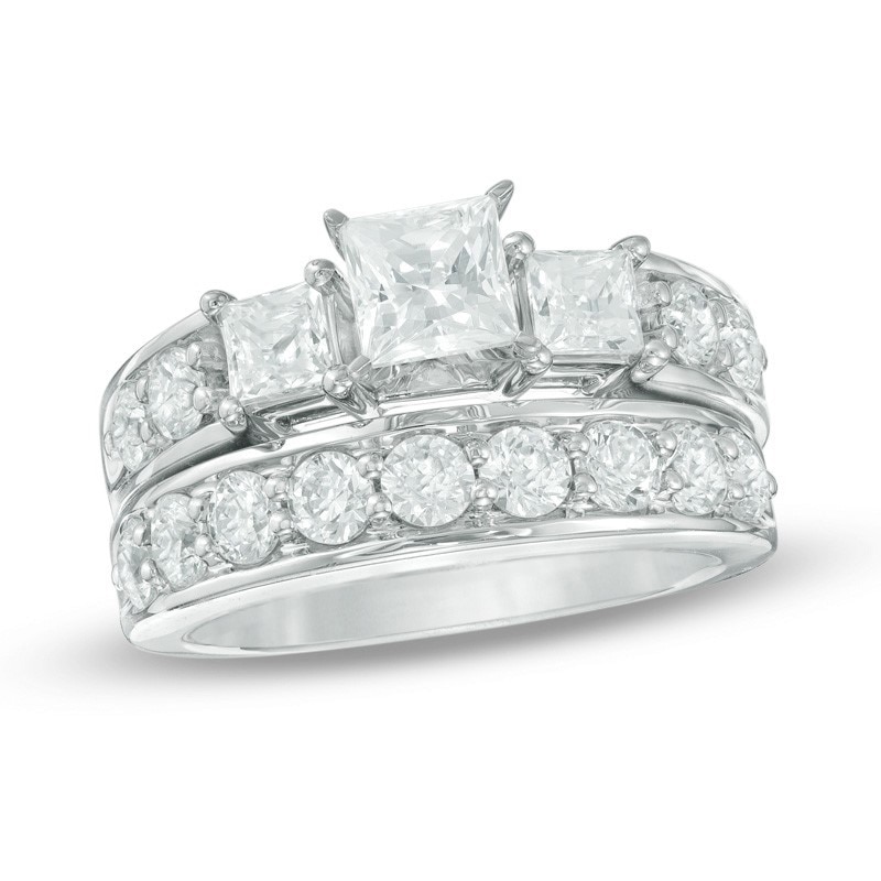 Main Image 1 of Previously Owned - 2-3/4 CT. T.W. Princess-Cut Diamond Past Present Future® Bridal Set in 14K White Gold