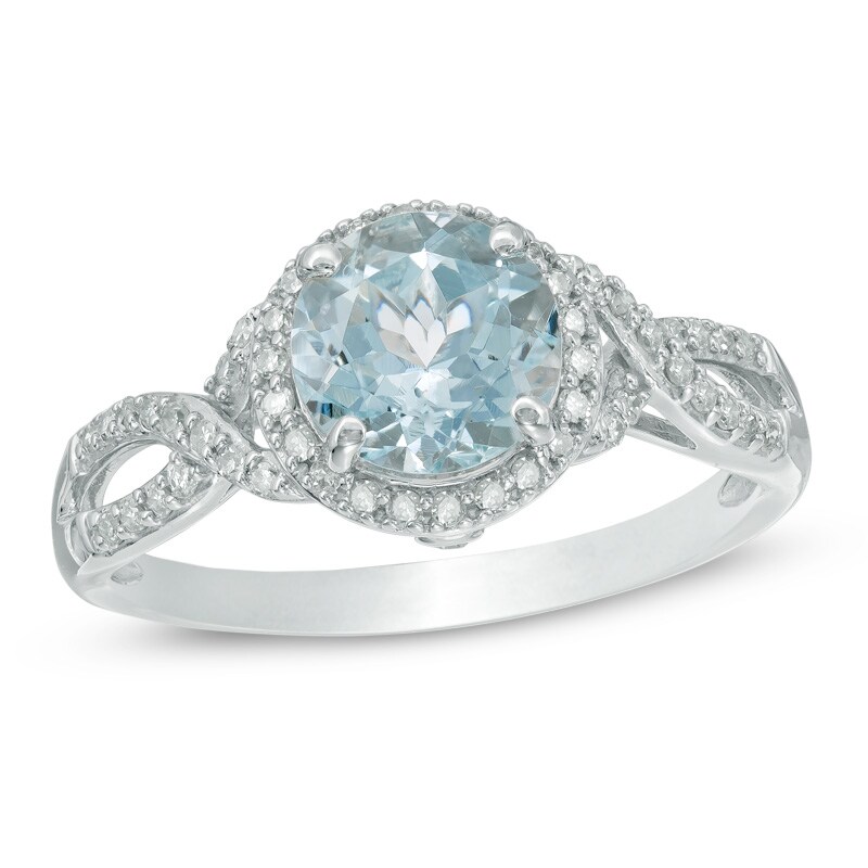 Main Image 1 of Previously Owned - 7.0mm Aquamarine and 1/6 CT. T.W. Diamond Frame Engagement Ring in 10K White Gold