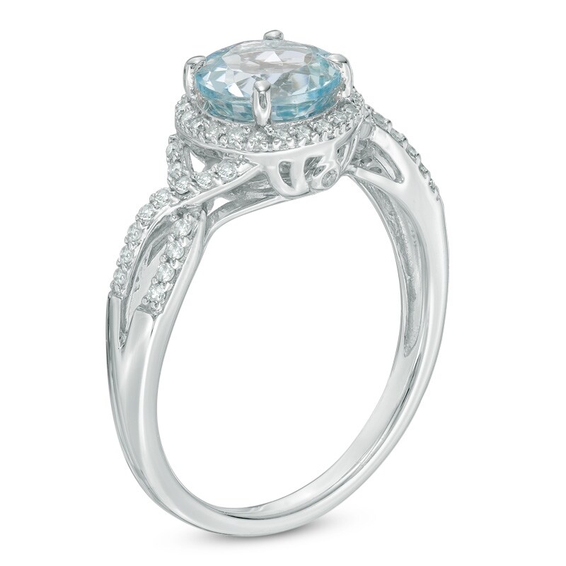 Main Image 2 of Previously Owned - 7.0mm Aquamarine and 1/6 CT. T.W. Diamond Frame Engagement Ring in 10K White Gold
