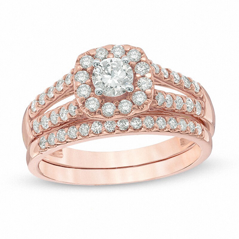 Main Image 1 of Previously Owned - 1 CT. T.W. Diamond Frame Split Shank Bridal Set in 14K Rose Gold