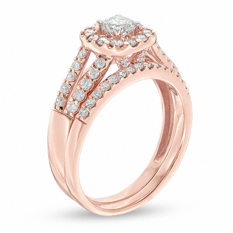 Main Image 2 of Previously Owned - 1 CT. T.W. Diamond Frame Split Shank Bridal Set in 14K Rose Gold