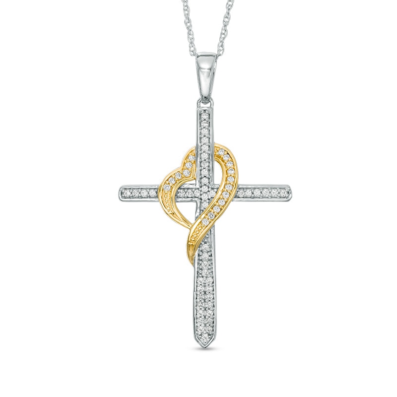 Main Image 1 of Previously Owned - 1/5 CT. T.W. Diamond Cross with Heart Pendant in 10K Two-Tone Gold