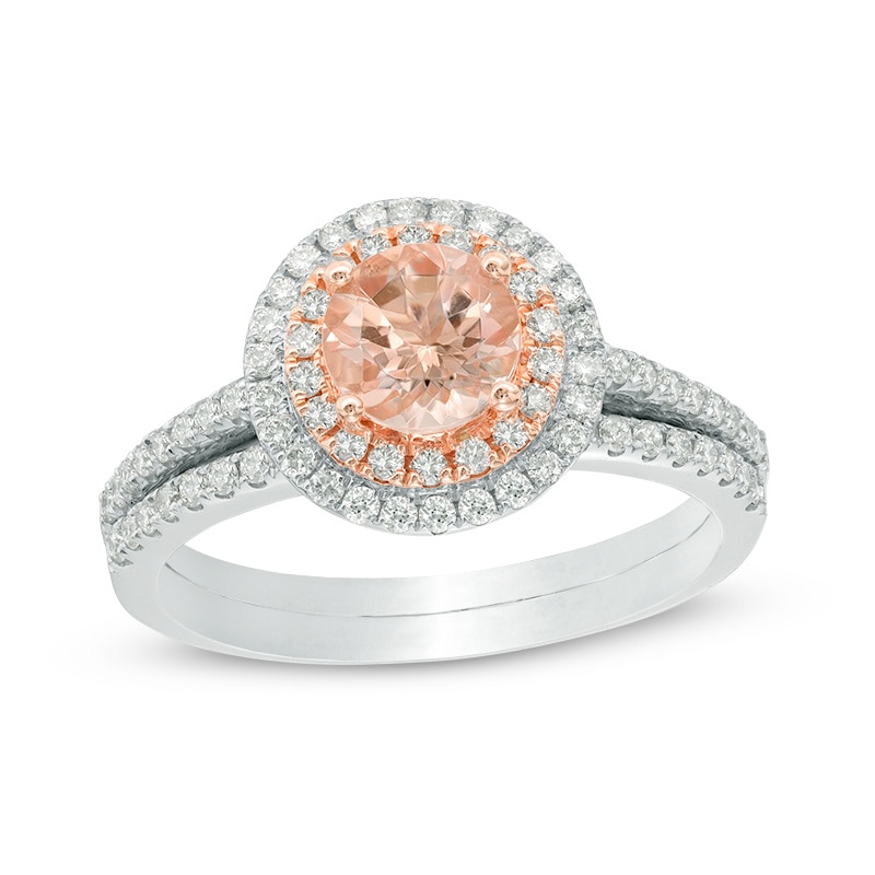 Main Image 1 of Previously Owned - 6.0mm Morganite and 3/8 CT. T.W. Diamond Double Frame Bridal Set in 14K Two-Tone Gold