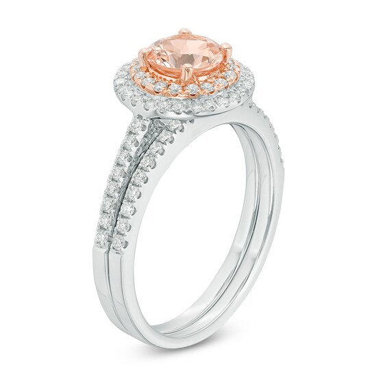 Previously Owned - 6.0mm Morganite and 3/8 CT. T.w. Diamond Double Frame Bridal Set in 14K Two-Tone Gold