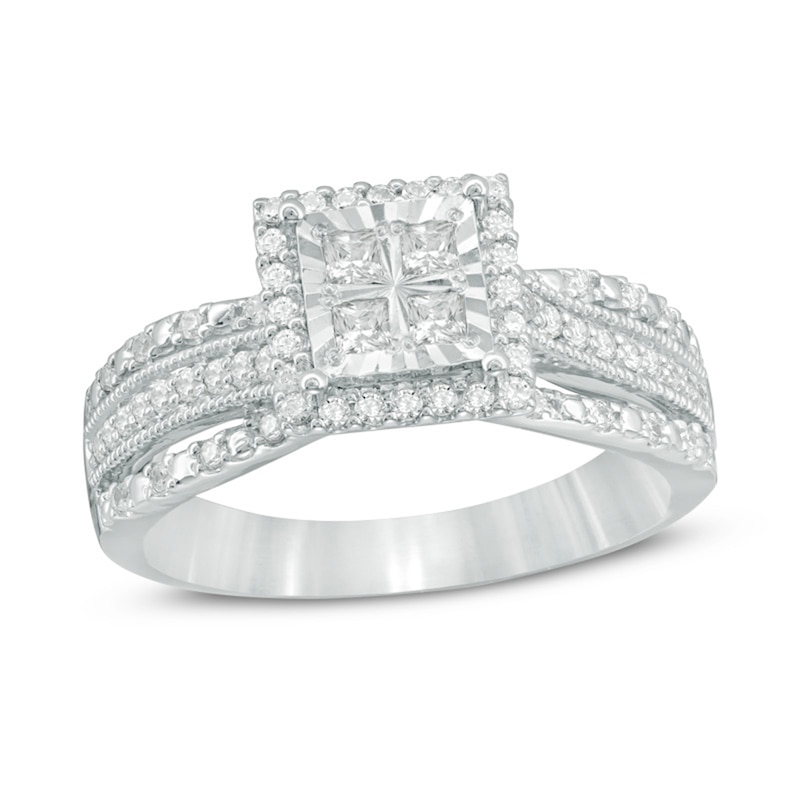 Main Image 1 of Previously Owned - 1/2 CT. T.W. Quad Princess-Cut Diamond Frame Vintage-Style Bypass Engagement Ring in 10K White Gold
