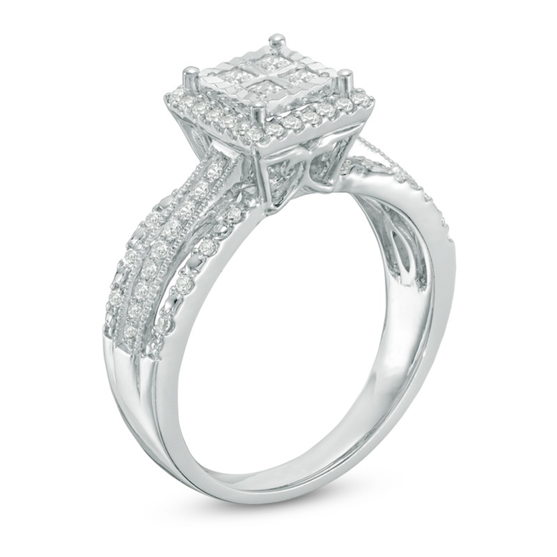 Main Image 2 of Previously Owned - 1/2 CT. T.W. Quad Princess-Cut Diamond Frame Vintage-Style Bypass Engagement Ring in 10K White Gold