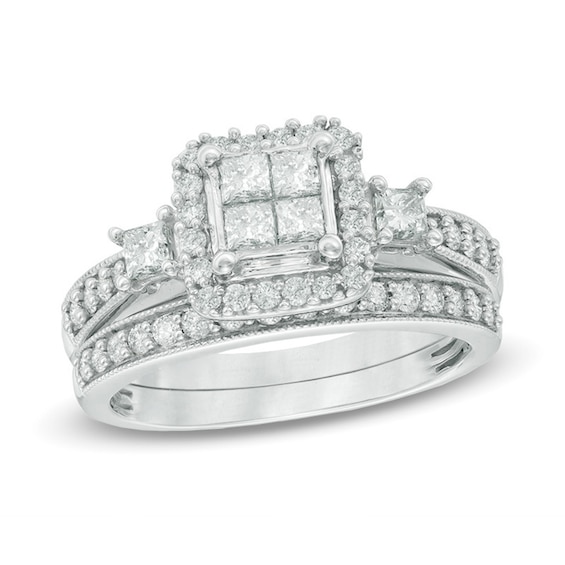 Previously Owned - 1 CT. T.w. Quad Princess-Cut Diamond Bridal Set in 10K White Gold