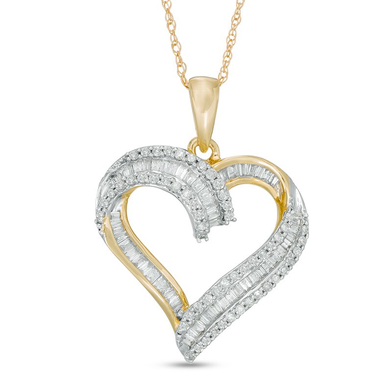 Main Image 1 of Previously Owned - 1/2 CT. T.W. Baguette-Cut and Round Diamond Heart Pendant in 10K Gold