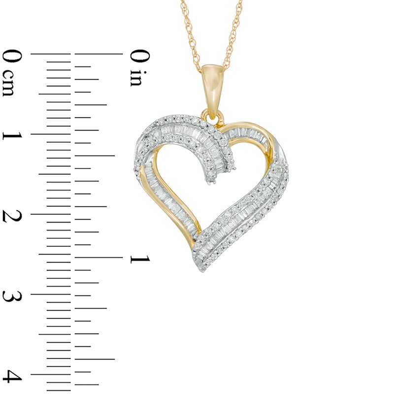 Main Image 2 of Previously Owned - 1/2 CT. T.W. Baguette-Cut and Round Diamond Heart Pendant in 10K Gold