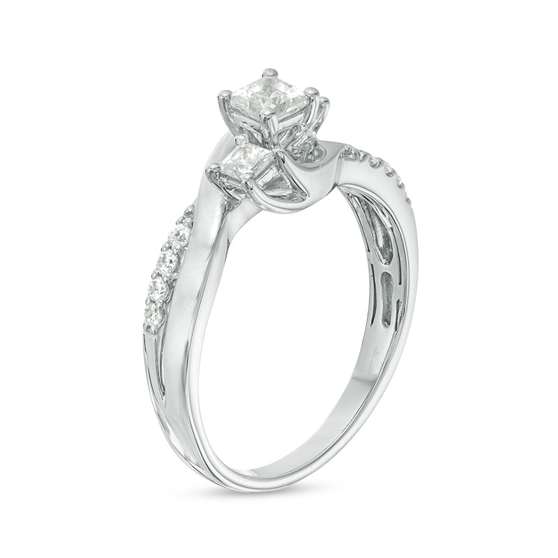 Main Image 2 of Previously Owned - 1/2 CT. T.W. Princess-Cut Diamond Three Stone Swirl Ring in 14K White Gold