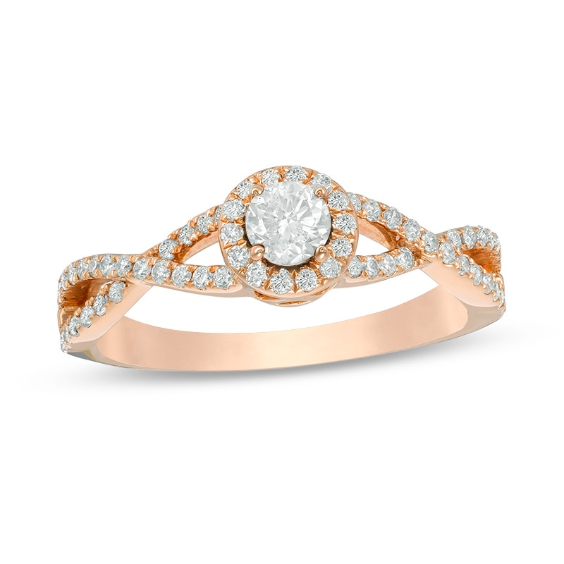 Main Image 1 of Previously Owned - 1/2 CT. T.W. Diamond Frame Twist Shank Engagement Ring in 14K Rose Gold