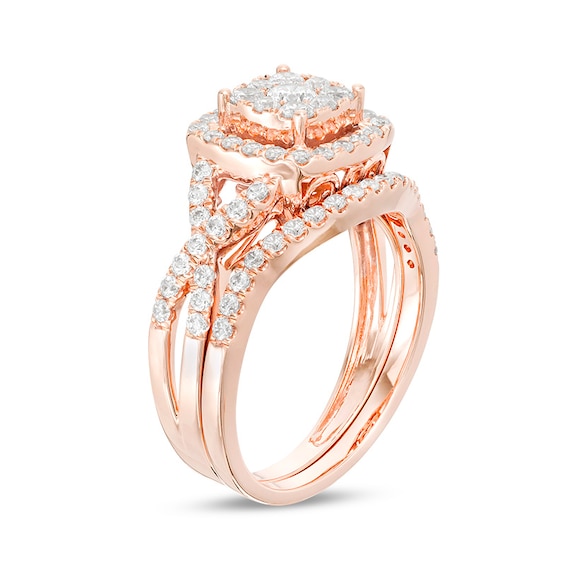 Previously Owned 1 CT. T.w. Diamond Double Cushion Frame Twist Soldered Bridal Set in 10K Rose Gold