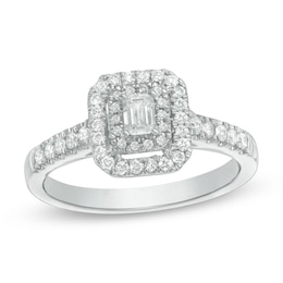Previously Owned - 1/2 CT. T.W. Emerald-Cut Diamond Double Frame Engagement Ring in 14K White Gold