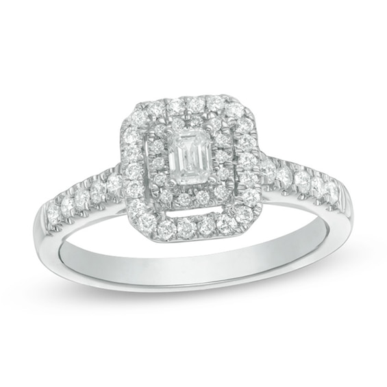 Previously Owned - 1/2 CT. T.w. Emerald-Cut Diamond Double Frame Engagement Ring in 14K White Gold