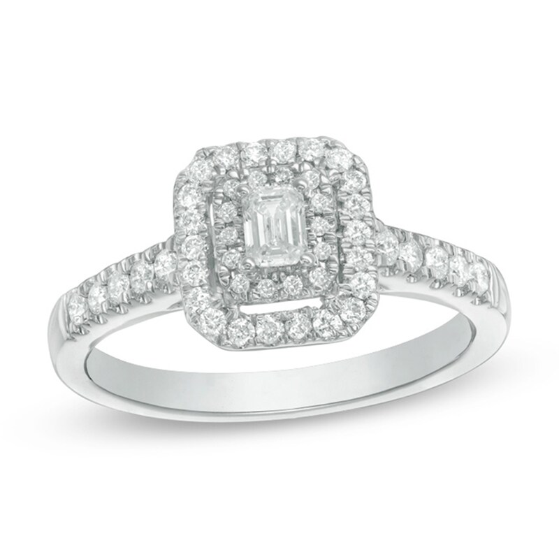 Main Image 1 of Previously Owned - 1/2 CT. T.W. Emerald-Cut Diamond Double Frame Engagement Ring in 14K White Gold