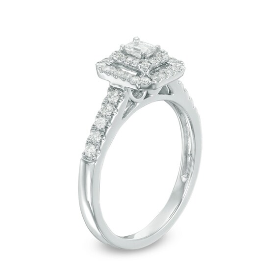Previously Owned - 1/2 CT. T.w. Emerald-Cut Diamond Double Frame Engagement Ring in 14K White Gold