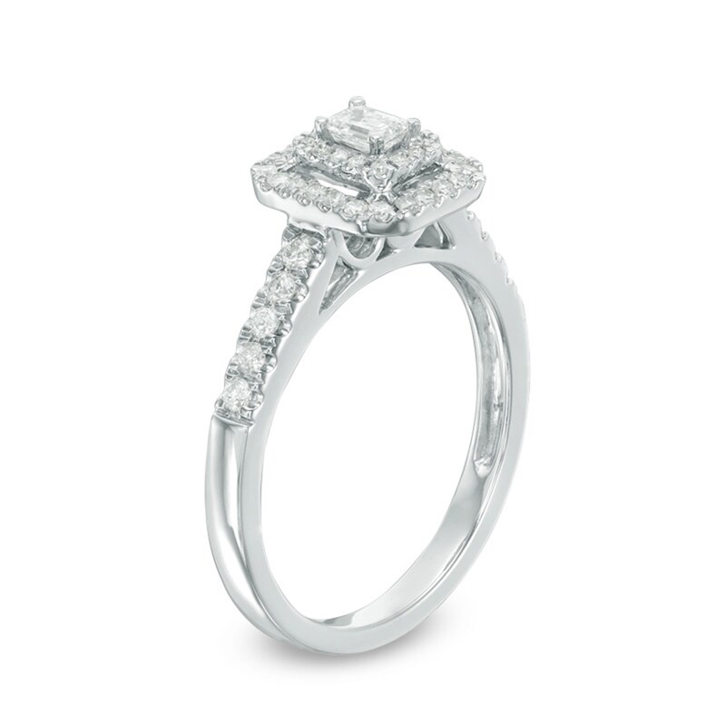 Main Image 2 of Previously Owned - 1/2 CT. T.W. Emerald-Cut Diamond Double Frame Engagement Ring in 14K White Gold