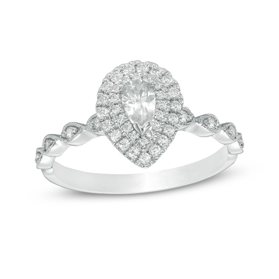 Previously Owned - 1/2 CT. T.w. Pear-Shaped Diamond Double Frame Vintage-Style Engagement Ring in 14K White Gold