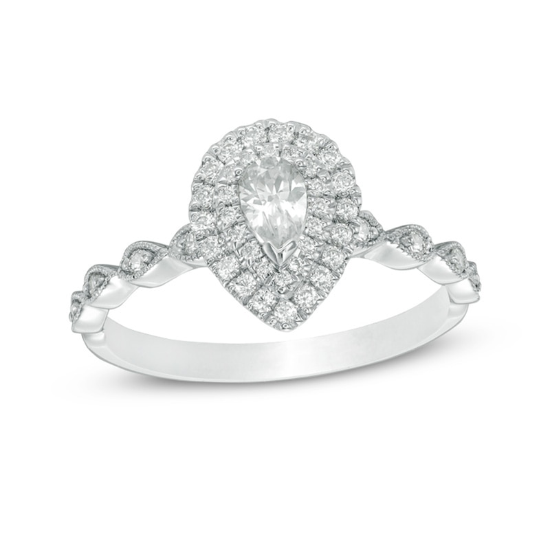 Main Image 1 of Previously Owned - 1/2 CT. T.W. Pear-Shaped Diamond Double Frame Vintage-Style Engagement Ring in 14K White Gold